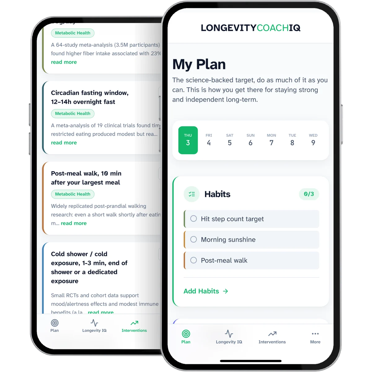 The My Plan screen listing the day&rsquo;s habits as Hit step count target, Morning sunshine and Post-meal walk, beside the intervention library those habits are chosen from.