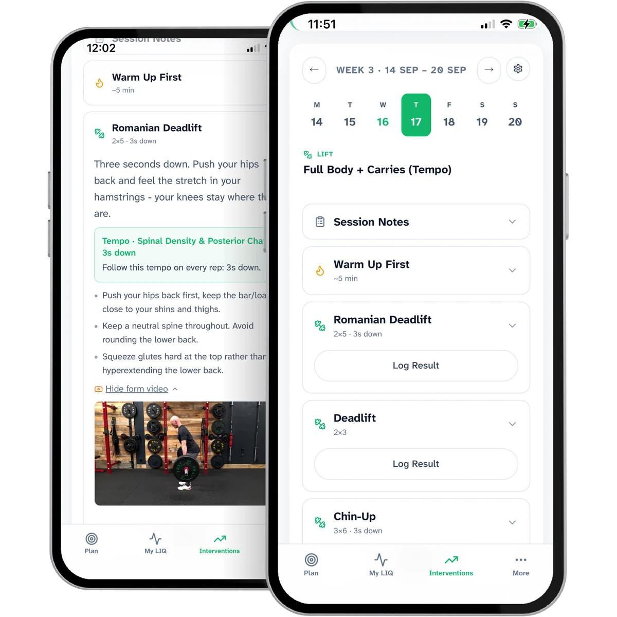 Two phones showing the Workouts screen. One lists the week with a Full Body and Carries tempo session and a Log Result button under each lift. The other shows the Romanian Deadlift expanded, with tempo instructions, form cues and a form video.