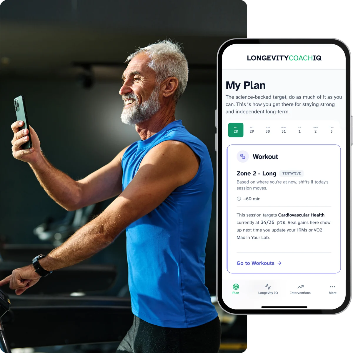 A man in his fifties on a treadmill, checking the My Plan screen on his phone. The screen shows the week ahead with a Zone 2 session scheduled for today.